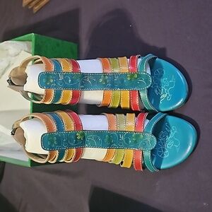 Elite by Corky’s Teal and multi colored leather wedge sandal